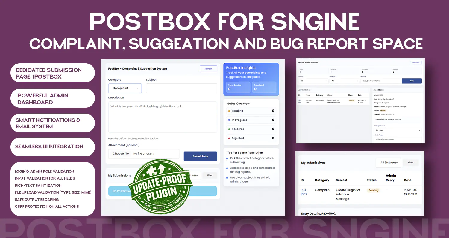 PostBox – Advanced User Feedback, Complaint & Support Management Plugin for Sngine