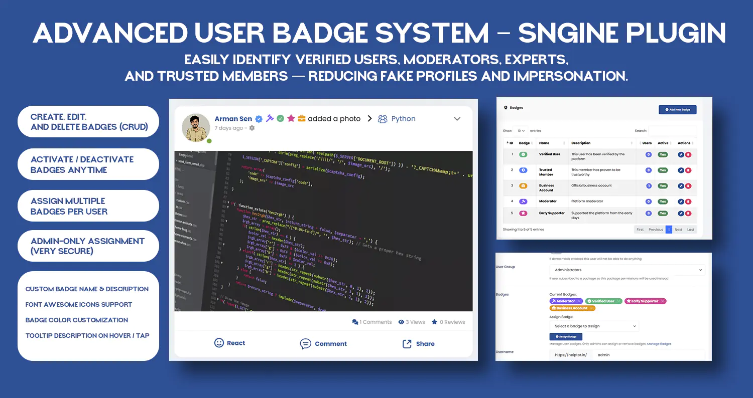 Advanced User Badge System – Sngine Plugin (Admin-Controlled)
