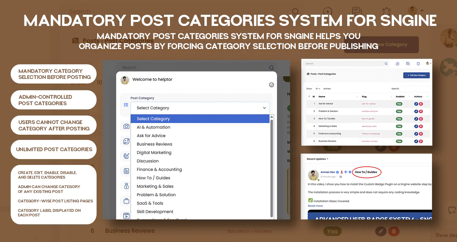 Mandatory Post Categories System Plugin for Sngine