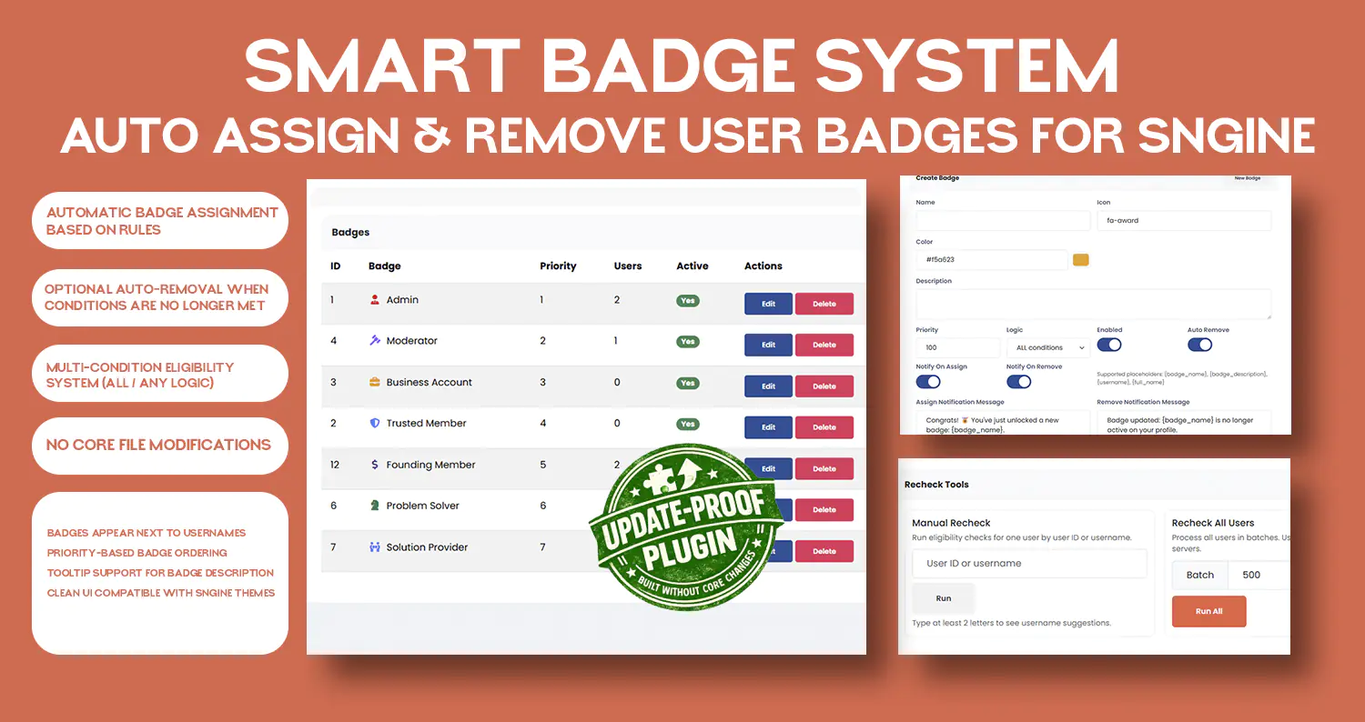 Advanced User Badge System – Sngine Plugin (Admin-Controlled)