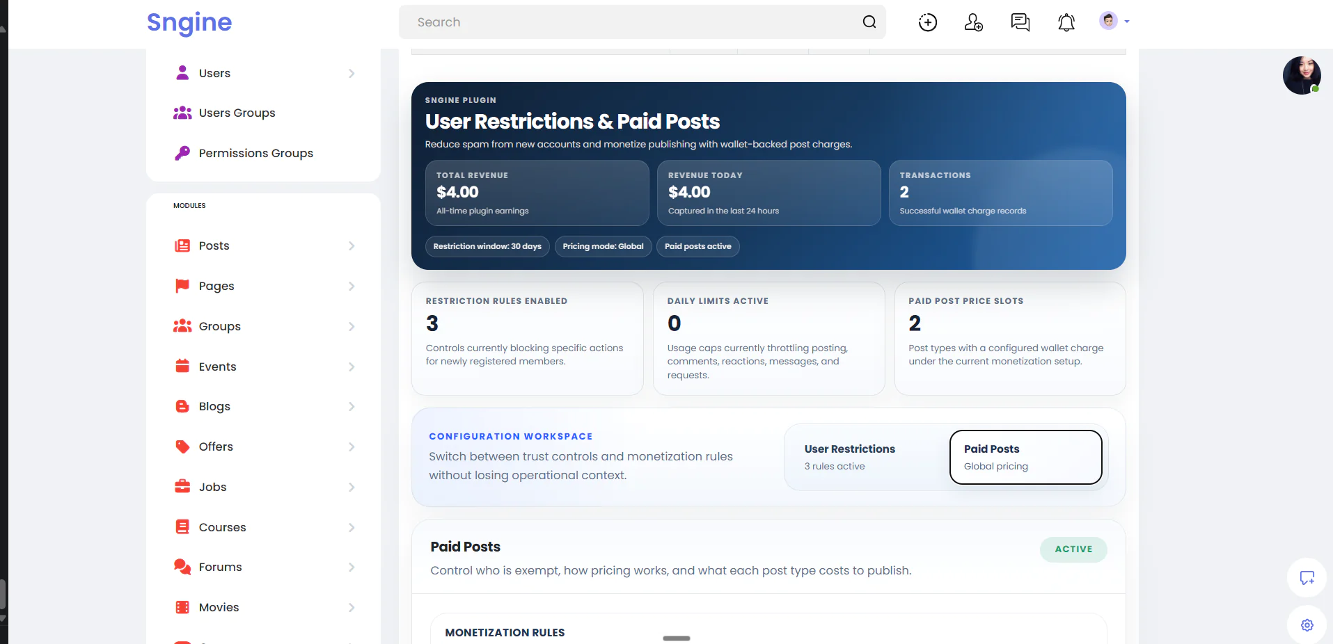 Advanced User Restrictions & Paid Posts – Sngine Plugin