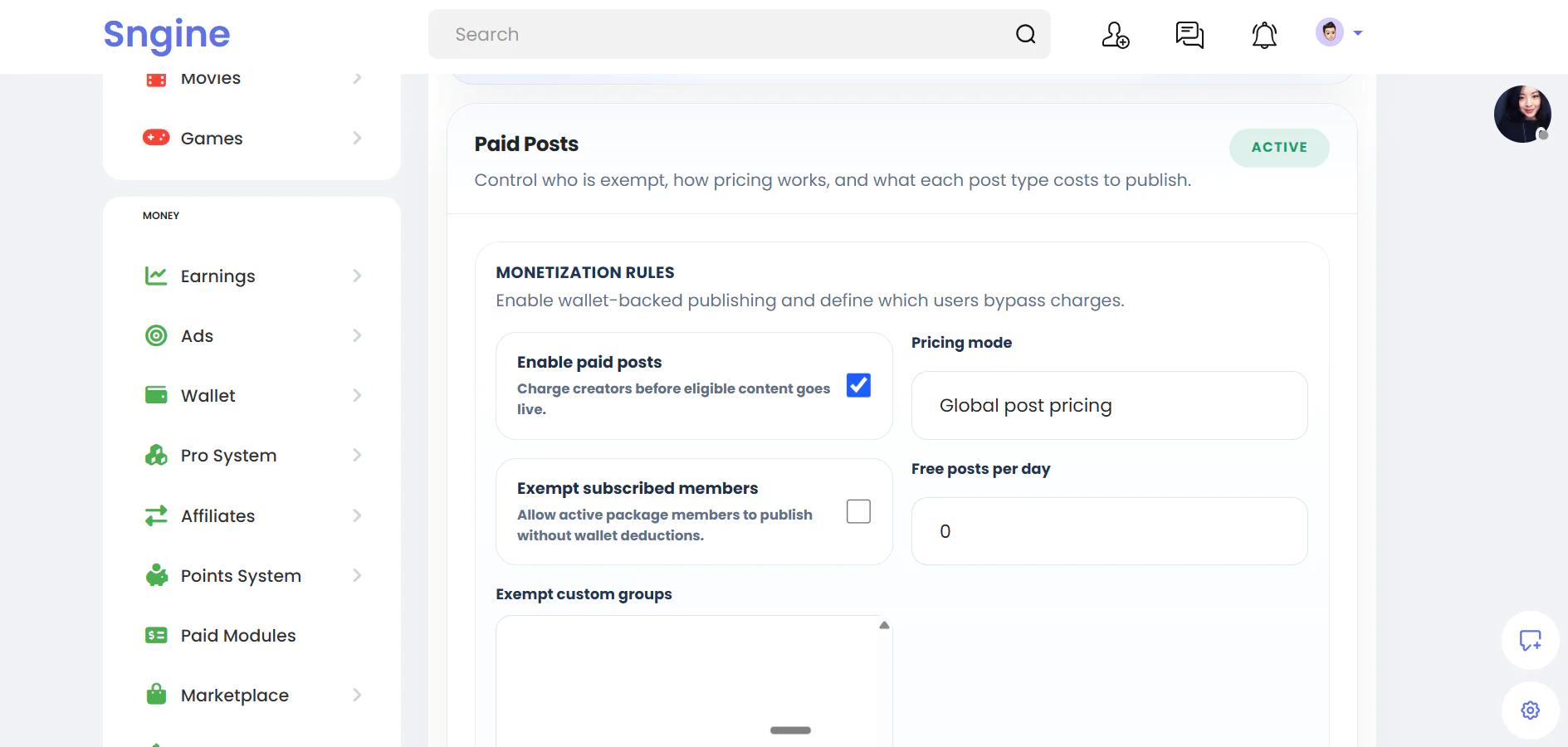 Advanced User Restrictions & Paid Posts – Sngine Plugin
