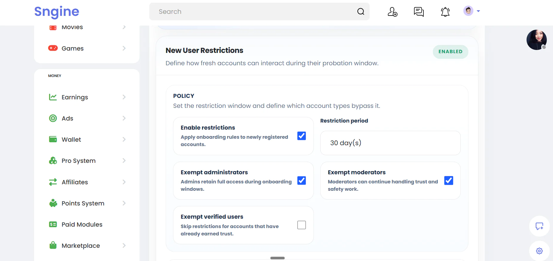 Advanced User Restrictions & Paid Posts – Sngine Plugin